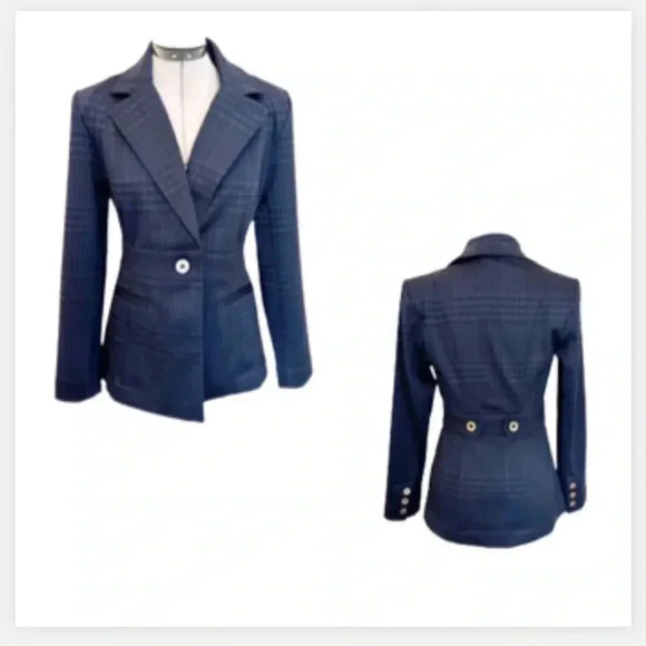 CAbi Blazer Navy Blue and Black Plaid Belted style Jacket long sleeves size xxs - Picture 1 of 15
